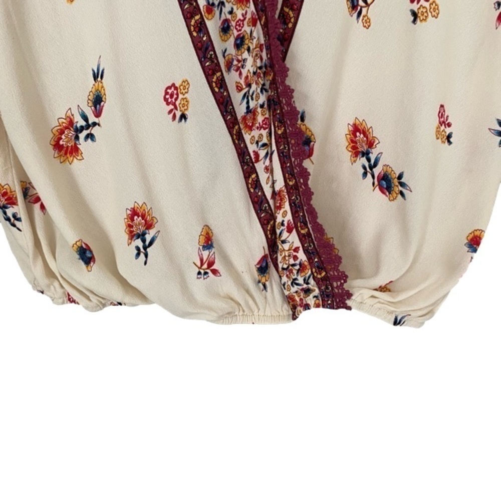 BLUE RAIN Blouse Surplice Boho Floral Creamy White Burgundy Trim Women Size S - Picture 5 of 15